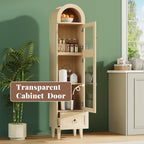 71” Tall Arched Pantry Cabinet with Glass Door, Display Cabinet Organizer with Drawer, Versatile Pantry with Top-Opening Storage Container for Living, Kitchen Dining Room, Natural