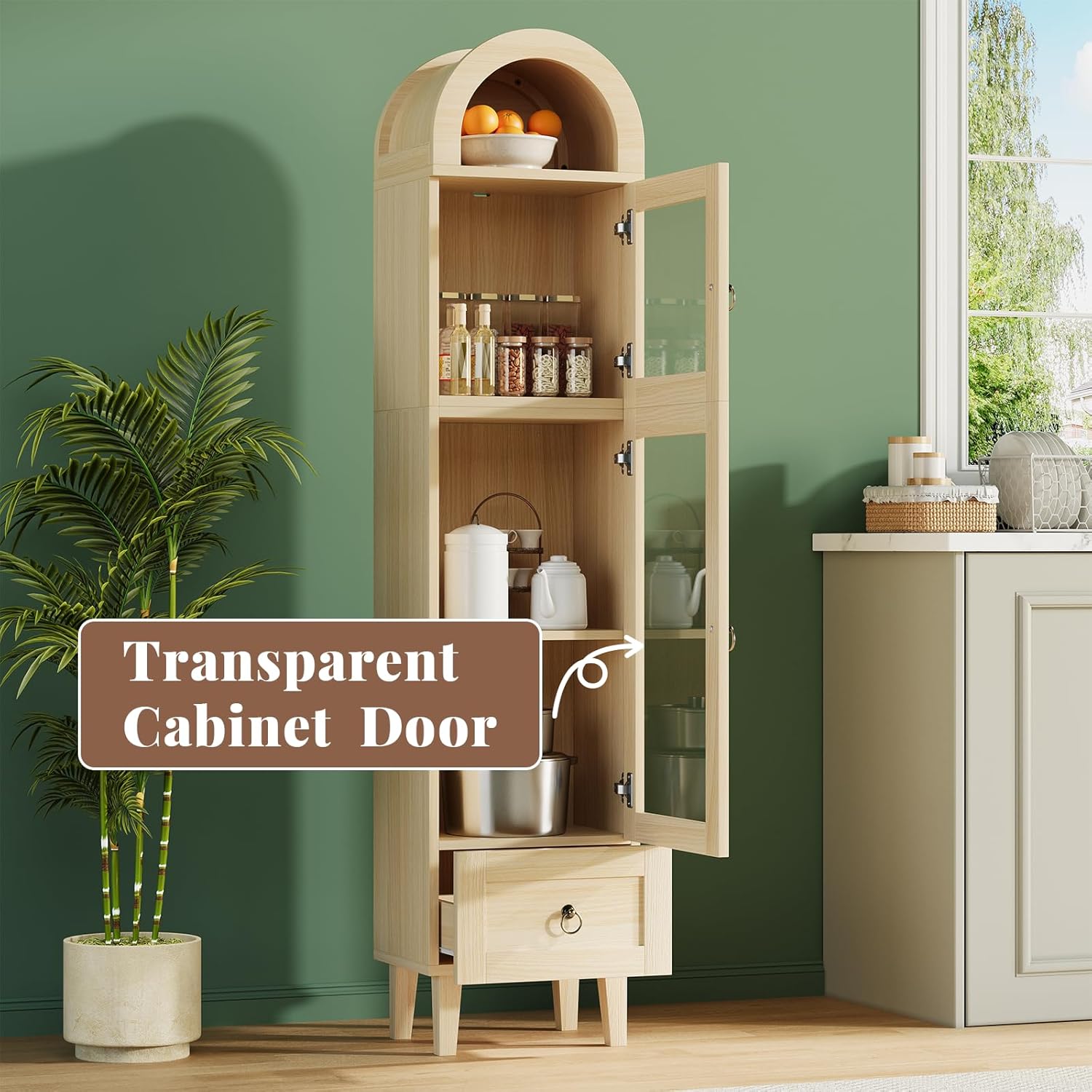 71” Tall Arched Pantry Cabinet with Glass Door, Display Cabinet Organizer with Drawer, Versatile Pantry with Top-Opening Storage Container for Living, Kitchen Dining Room, Natural