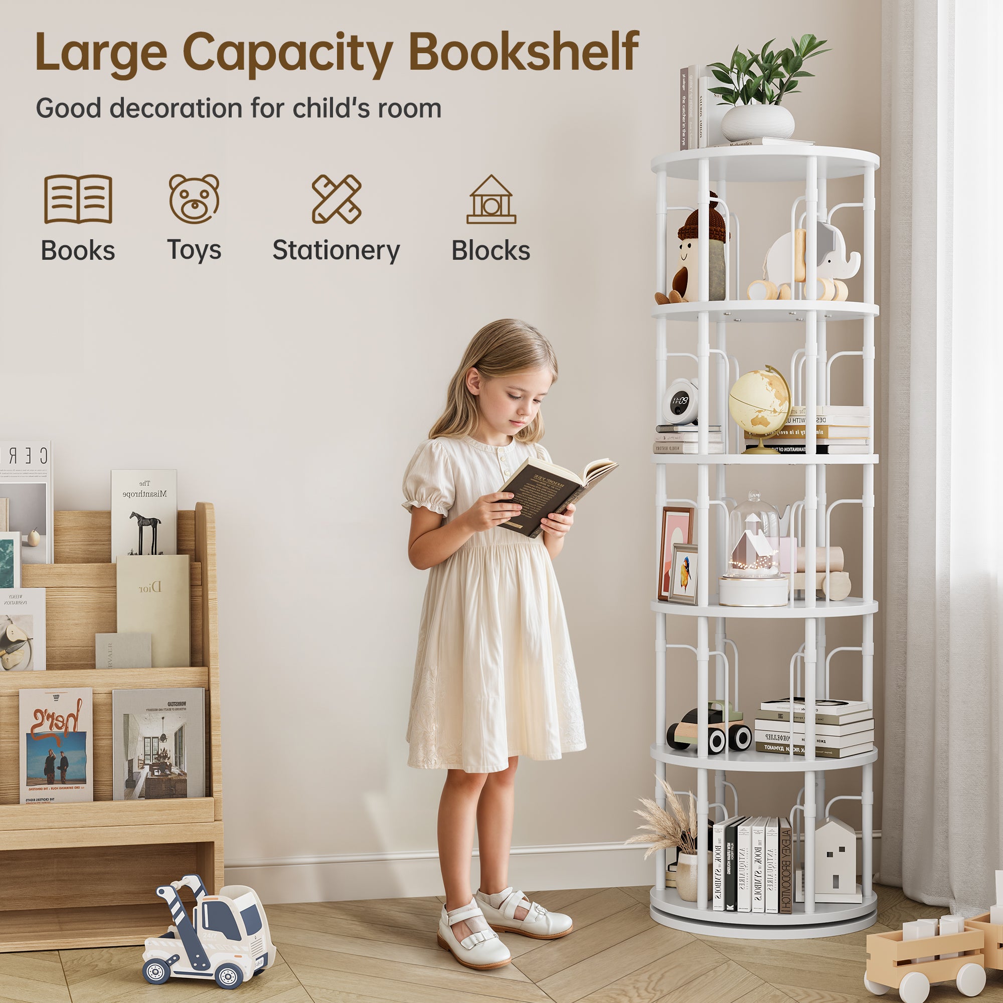 5 Tier Rotating Bookshelf Tower, 360° Spinning Bookcase, Vertical Floor Standing Revolving Bookshelf Organizer for Small Spaces, Corner, Living Room, Bedroom, White