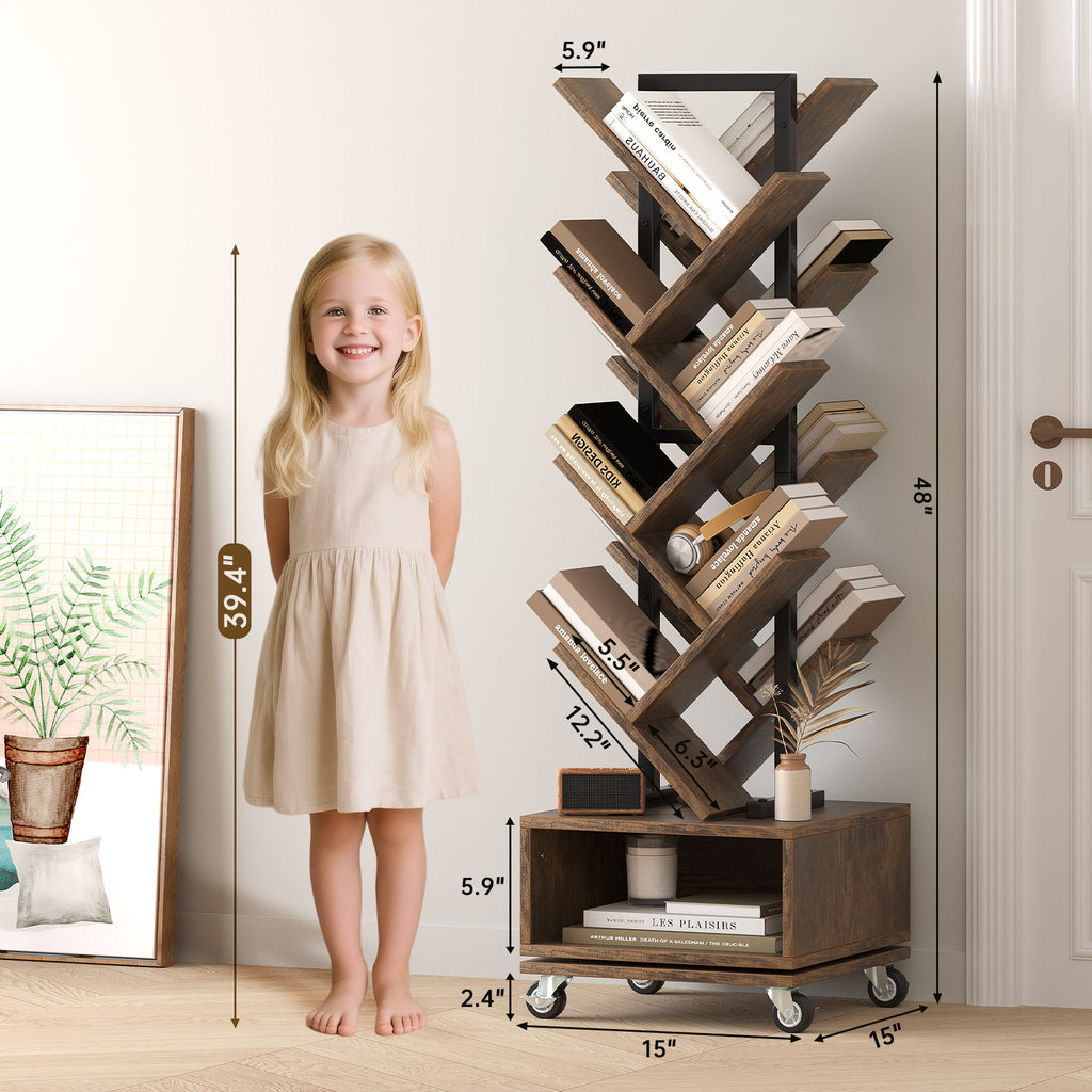 49" Rotating Tree Bookshelf, 7 Tier Double Sided Shelf, Wood Corner Bookshelf with Wheels, 360 Display Spinning Bookcase Storage Rack, Ideal for Small Rooms, Easy Assembly, Rustic Brown