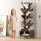 49" Rotating Tree Bookshelf, 7 Tier Double Sided Shelf, Wood Corner Bookshelf with Wheels, 360 Display Spinning Bookcase Storage Rack, Ideal for Small Rooms, Easy Assembly, Rustic Brown