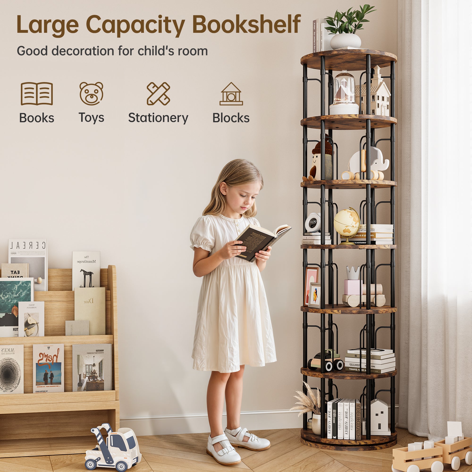 6 Tier Rotating Bookshelf Tower, 360° Spinning Bookcase, Vertical Floor Standing Revolving Bookshelf Organizer for Small Spaces, Corner, Living Room, Bedroom, Rustic Brown