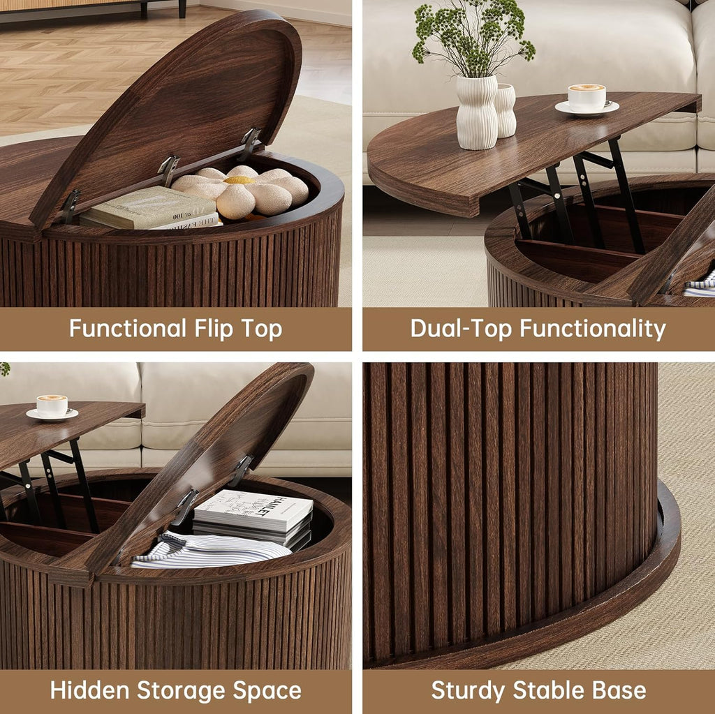 Round Coffee Table with Storage, 31.5" Lift Top Center Table with Gas Strut, Fluted Farmhouse Drum with 2 Hidden Compartments, Mid Century Modern Wood Circle Table for Living Room (Dark Brown)