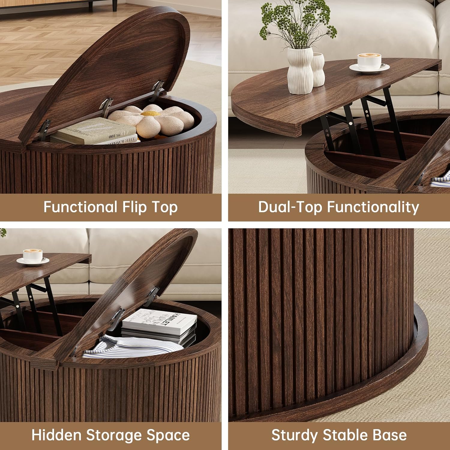 Round Coffee Table with Storage, 31.5" Lift Top Center Table with Gas Strut, Fluted Farmhouse Drum with 2 Hidden Compartments, Mid Century Modern Wood Circle Table for Living Room (Dark Brown)