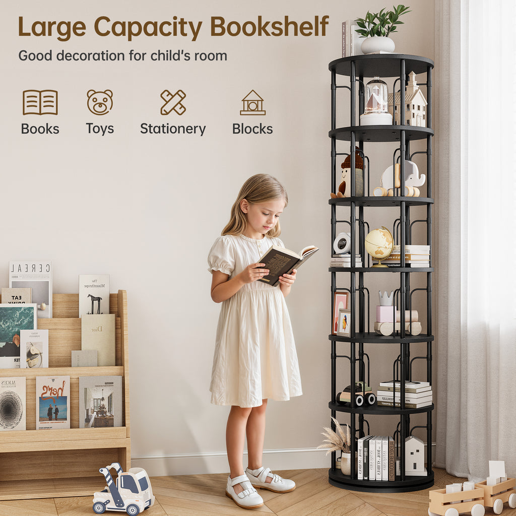 6 Tier Rotating Bookshelf Tower, 360° Spinning Bookcase, Vertical Floor Standing Revolving Bookshelf Organizer for Small Spaces, Corner, Living Room, Bedroom, Black