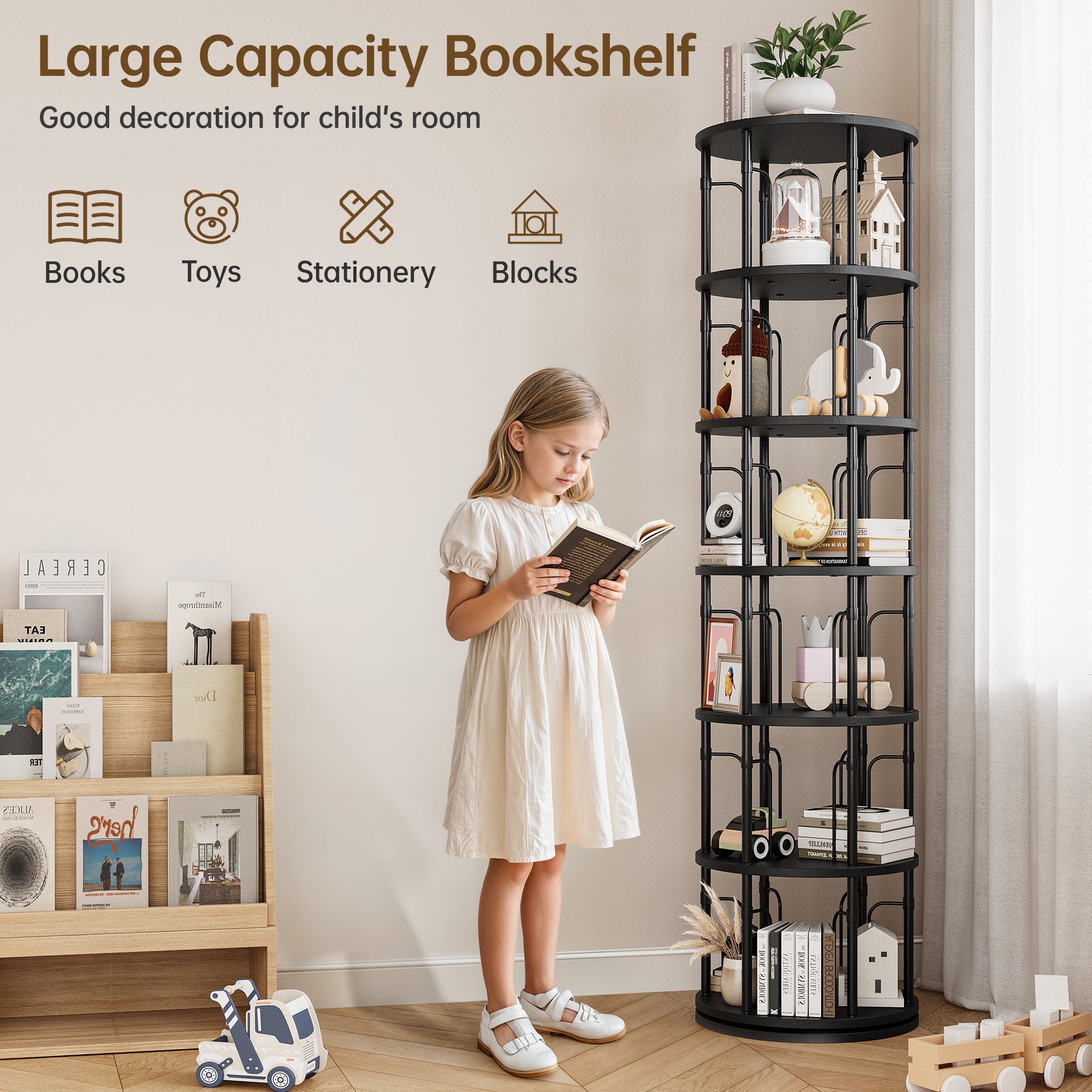 6 Tier Rotating Bookshelf Tower, 360° Spinning Bookcase, Vertical Floor Standing Revolving Bookshelf Organizer for Small Spaces, Corner, Living Room, Bedroom, Black