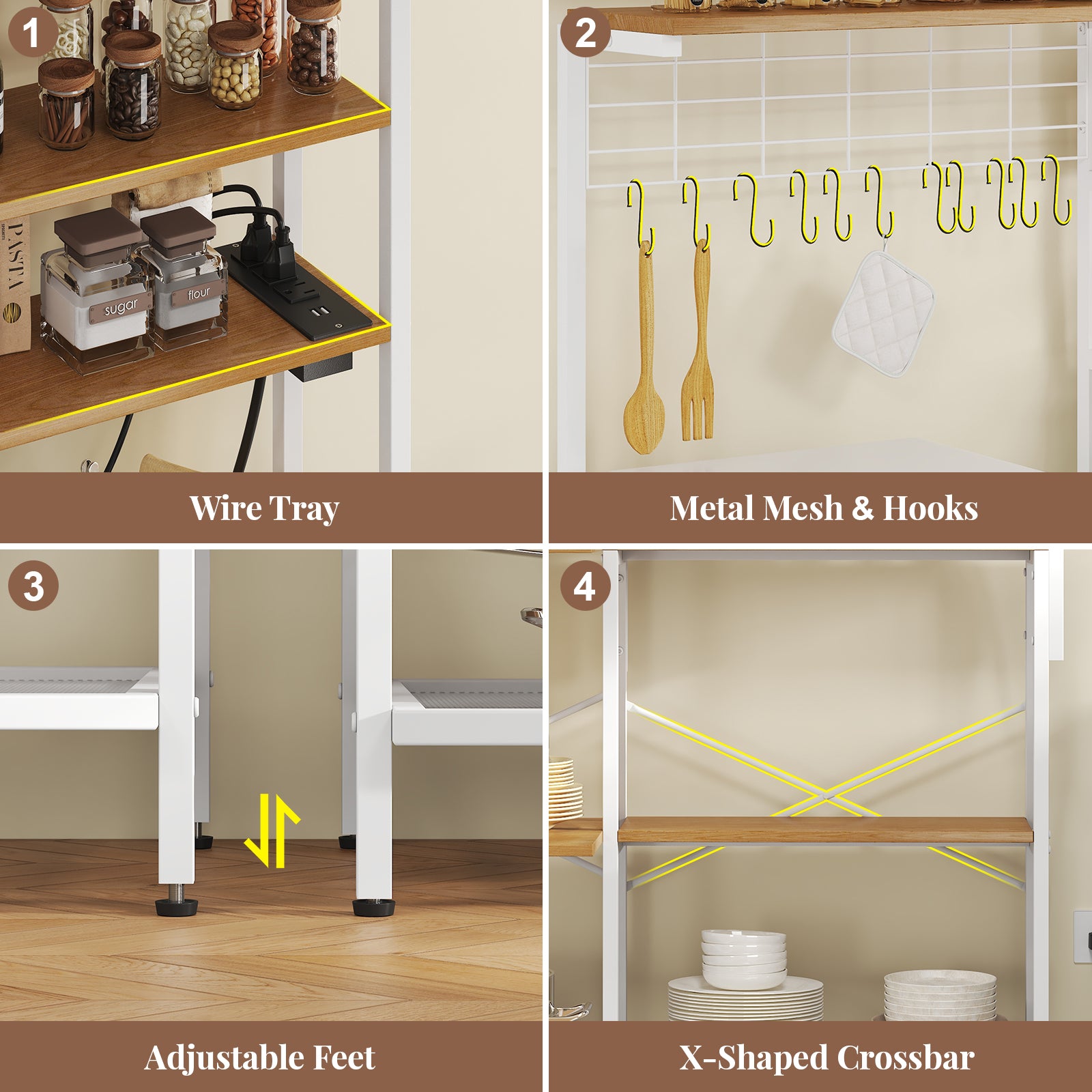 L-Shaped Bakers Rack with Power Sockets, 6-Tier Microwave Stand with Hooks, Coffee Bar with Open Storage, Mesh Grid, Kitchen Shelf with Wire Basket, White
