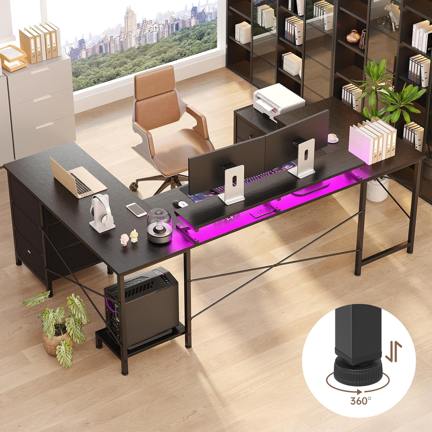 U Shaped Computer Gaming Desk, Reversible L Shaped Desk with Power Outlets & USB Ports, LED Strip & Monitor Stand, Large Corner Desk with Storage Shelves for Home Office, Black