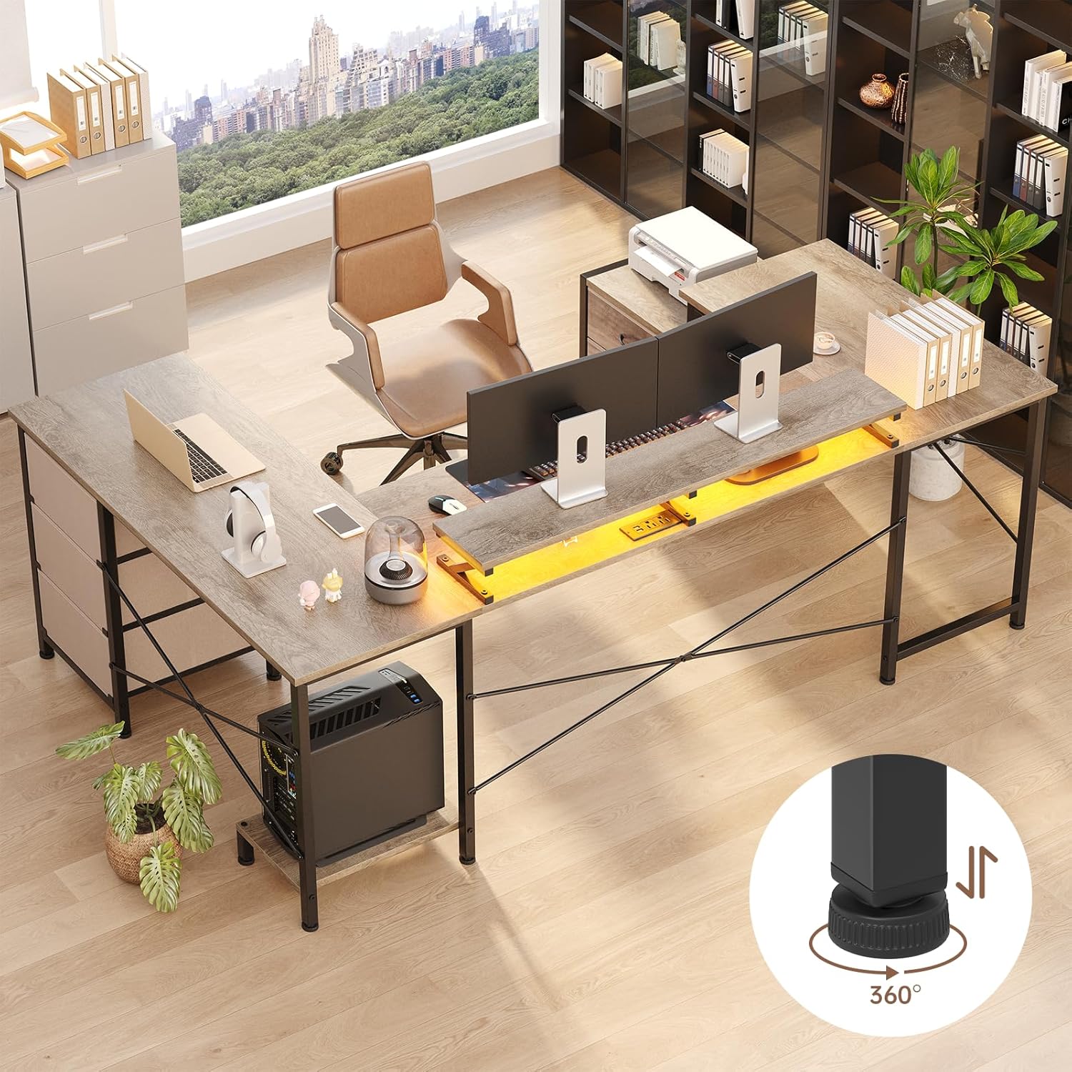 U Shaped Computer Desk, Reversible L Shaped Home Office Desk with Drawers, Monitor Stand, LED Lights, Corner Gamer Desk Table with Power Outlets & USB Ports, Grey