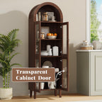 71” Tall Arched Pantry Cabinet with Glass Door, Display Cabinet Organizer, Versatile Pantry with Top-Opening Storage Container for Living, Kitchen Dining Room, Brown