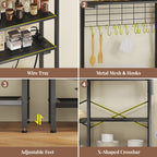 L-Shaped Bakers Rack with Power Outlet, 6-Tier Microwave Stand with Open Storage, Coffee Bar with Hooks, Mesh Grid, Kitchen Shelf with Wire Basket, Black