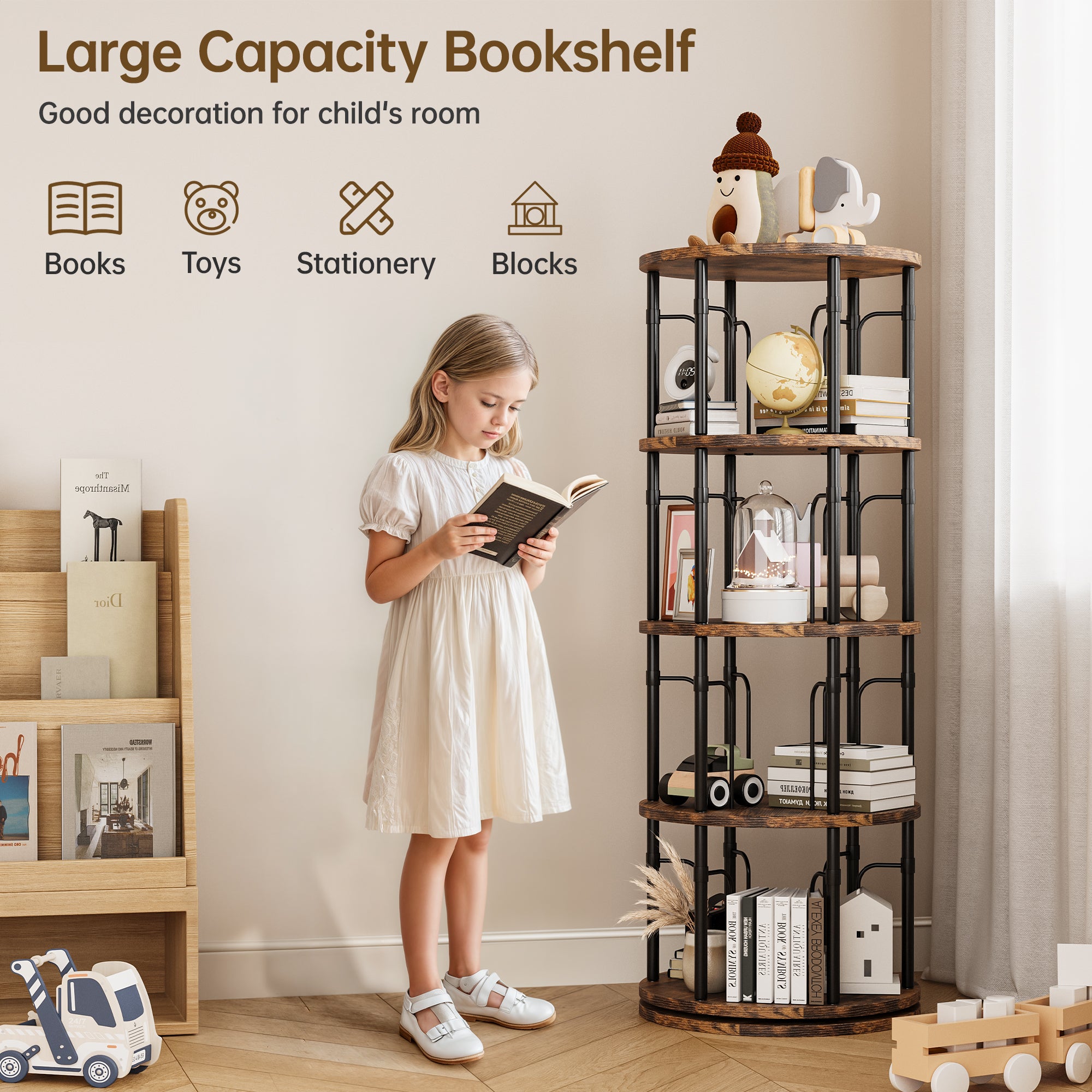 4 Tier Rotating Bookshelf Tower, 360° Spinning Bookcase, Vertical Floor Standing Revolving Bookshelf Organizer for Small Spaces, Corner, Living Room, Bedroom, Rustic Brown