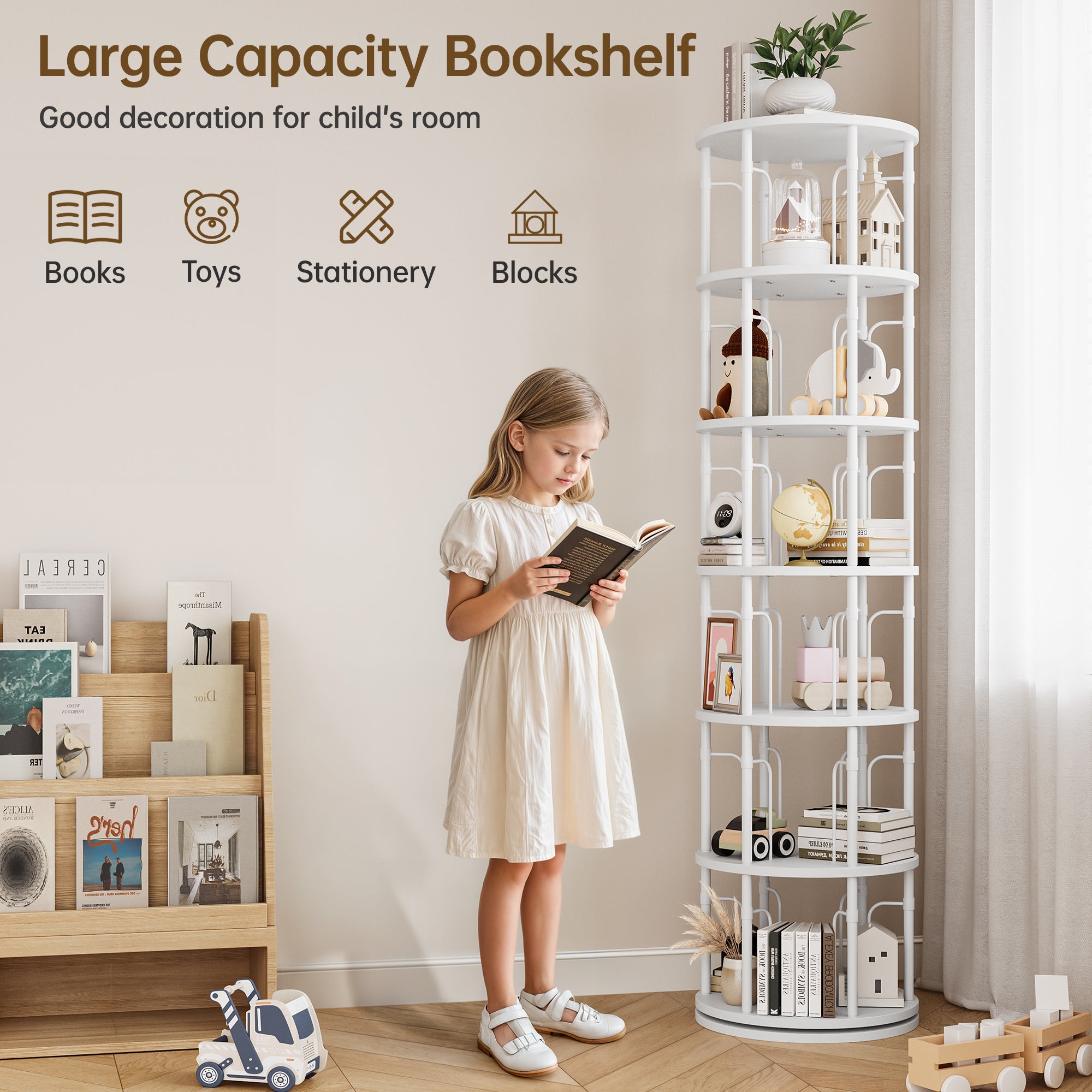 6 Tier Rotating Bookshelf Tower, 360° Spinning Bookcase, Vertical Floor Standing Revolving Bookshelf Organizer for Small Spaces, Corner, Living Room, Bedroom, White