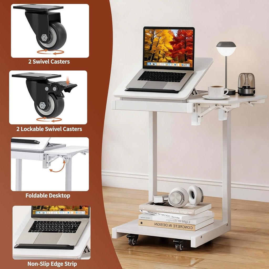 C Shaped End Table for Couch, C Side Table with Convertible Desktop, Folding Tray & Lockable Wheels, 360° Swivel TV Tray Table, Couch Tables That Slide Under, for Living Room, Bedroom, Sofa, White