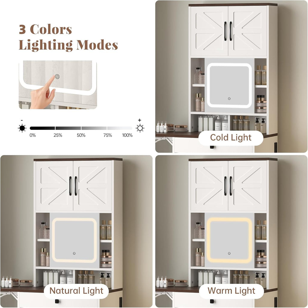 Vanity Desk with Mirror & Side-Mounted Power Strip, Makeup Vanity Table with Foldable Side Panels, Top Built-in Storage Dresser, Walnut+White