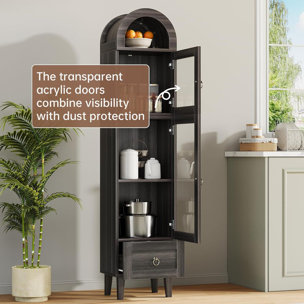 71" Tall Arched Storage Cabinet with Acrylic Doors, Display Cabinet with Drawer, Kitchen Versatile Pantry, Top-Opening Storage Container for Living Room, Black