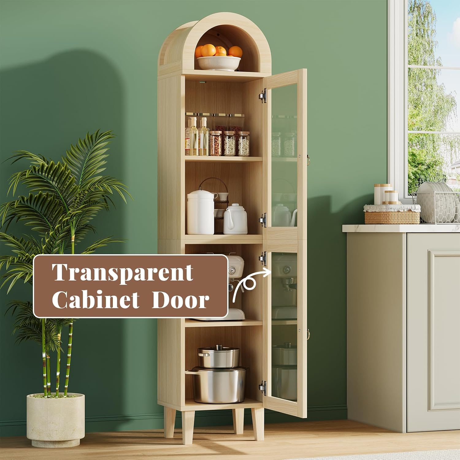 71” Tall Arched Pantry Cabinet with Glass Door, Display Cabinet Organizer, Versatile Pantry with Top-Opening Storage Container for Living, Kitchen Dining Room, Natural