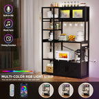 Bakers Rack with Storage Cabinet, 5-Tier Coffee Bar with Power Outlet and LED Lights, Industrial Microwave Oven Stand with Shelves, Kitchen Storage Shelf, Black