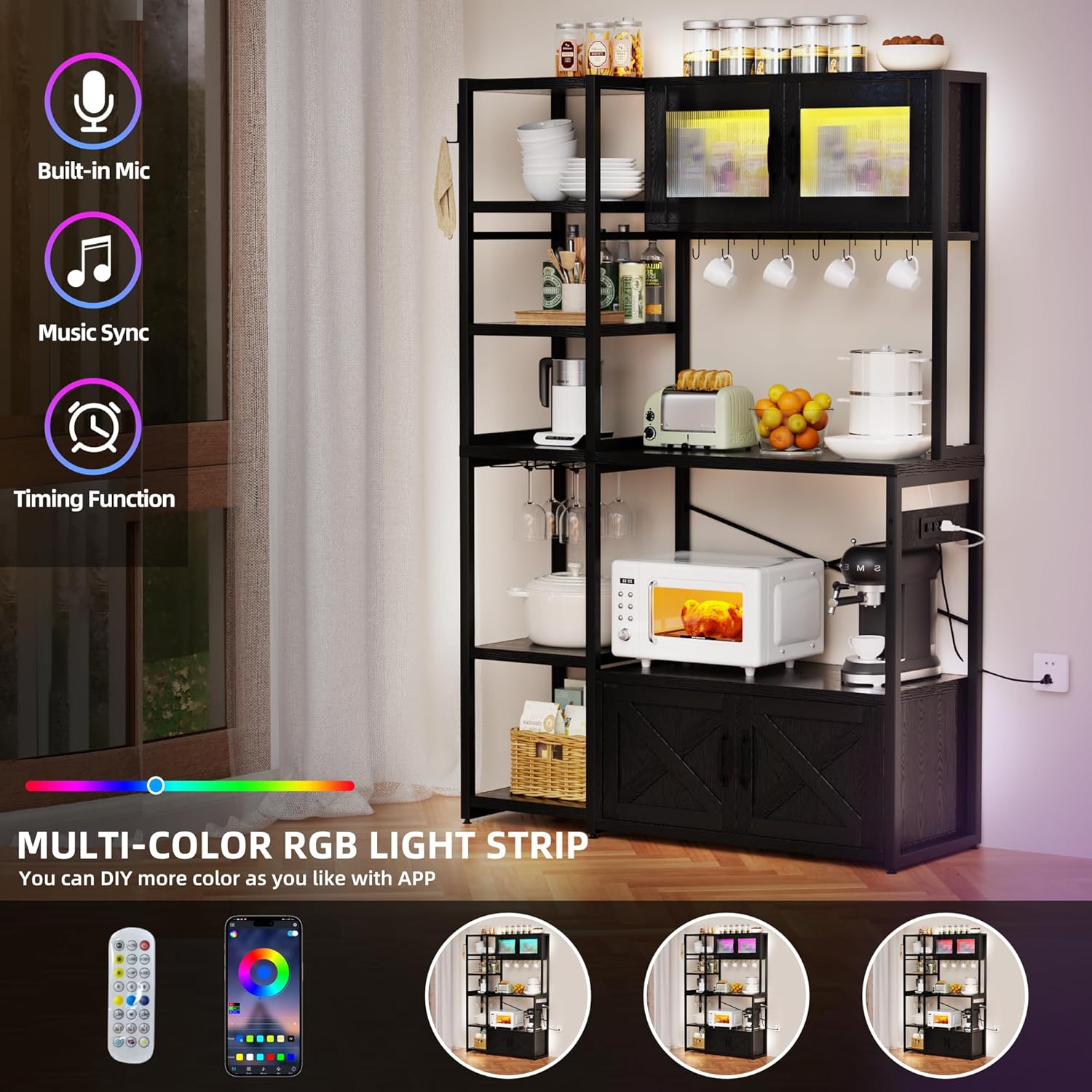 Bakers Rack with Storage Cabinet, 5-Tier Coffee Bar with Power Outlet and LED Lights, Industrial Microwave Oven Stand with Shelves, Kitchen Storage Shelf, Black