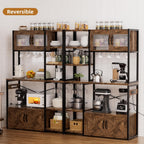 69 Inch Bakers Rack with Storage Cabinet, 5-Tier Coffee Bar with Power Outlet and LED Lights, Industrial Microwave Oven Stand with Shelves, Kitchen Storage Shelf, Rustic Brown