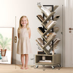 Double Sided Rotating Tree Bookshelf - 7-Tier Retro Floor Standing Bookcase, Wood Storage for Books, CDs, Movies, Perfect for Small Spaces in Bedroom, Living Room, Home Office, Grey