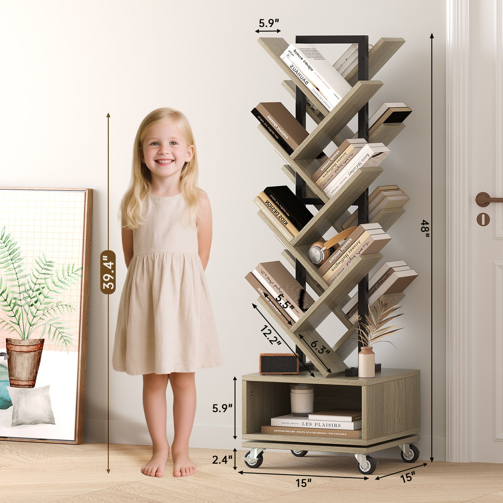 Double Sided Rotating Tree Bookshelf - 7-Tier Retro Floor Standing Bookcase, Wood Storage for Books, CDs, Movies, Perfect for Small Spaces in Bedroom, Living Room, Home Office, Grey