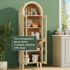 71” Tall Arched Pantry Cabinet with Glass Door, Display Cabinet Organizer, Versatile Pantry with Top-Opening Storage Container for Living, Kitchen Dining Room, Natural