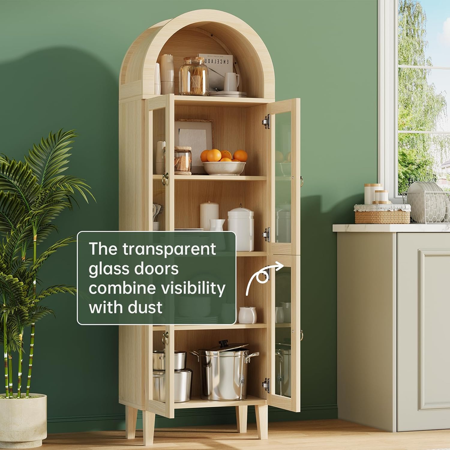 71” Tall Arched Pantry Cabinet with Glass Door, Display Cabinet Organizer, Versatile Pantry with Top-Opening Storage Container for Living, Kitchen Dining Room, Natural