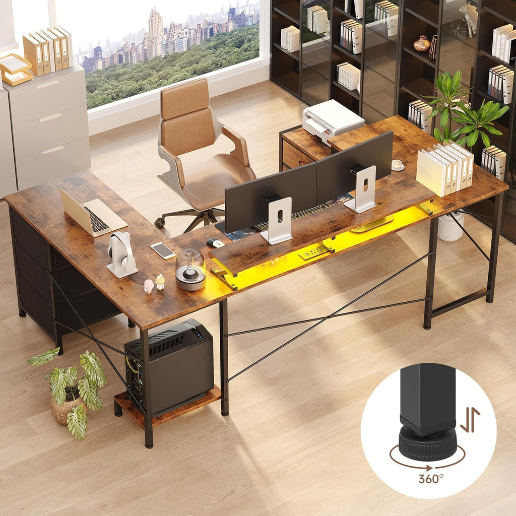 U Shaped Computer Desk, Reversible L Shaped Desk with Power Outlets & USB Ports, Corner Gaming Desk with Drawers, Home Office Desk with Storage Shelves, LED Lights, Rustic Brown