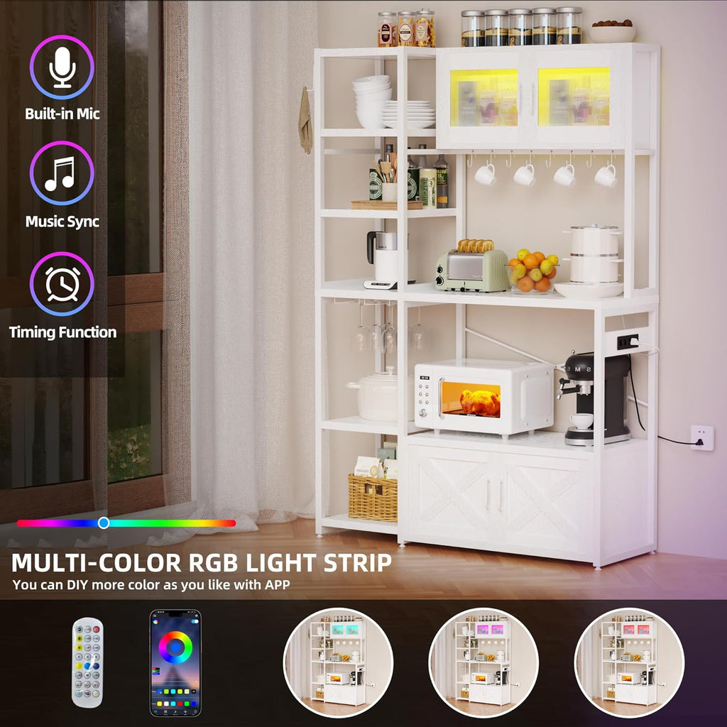 Bakers Rack with Storage Cabinet, 5-Tier Coffee Bar with Power Outlet and LED Lights, Industrial Microwave Oven Stand with Shelves, Kitchen Storage Shelf, White