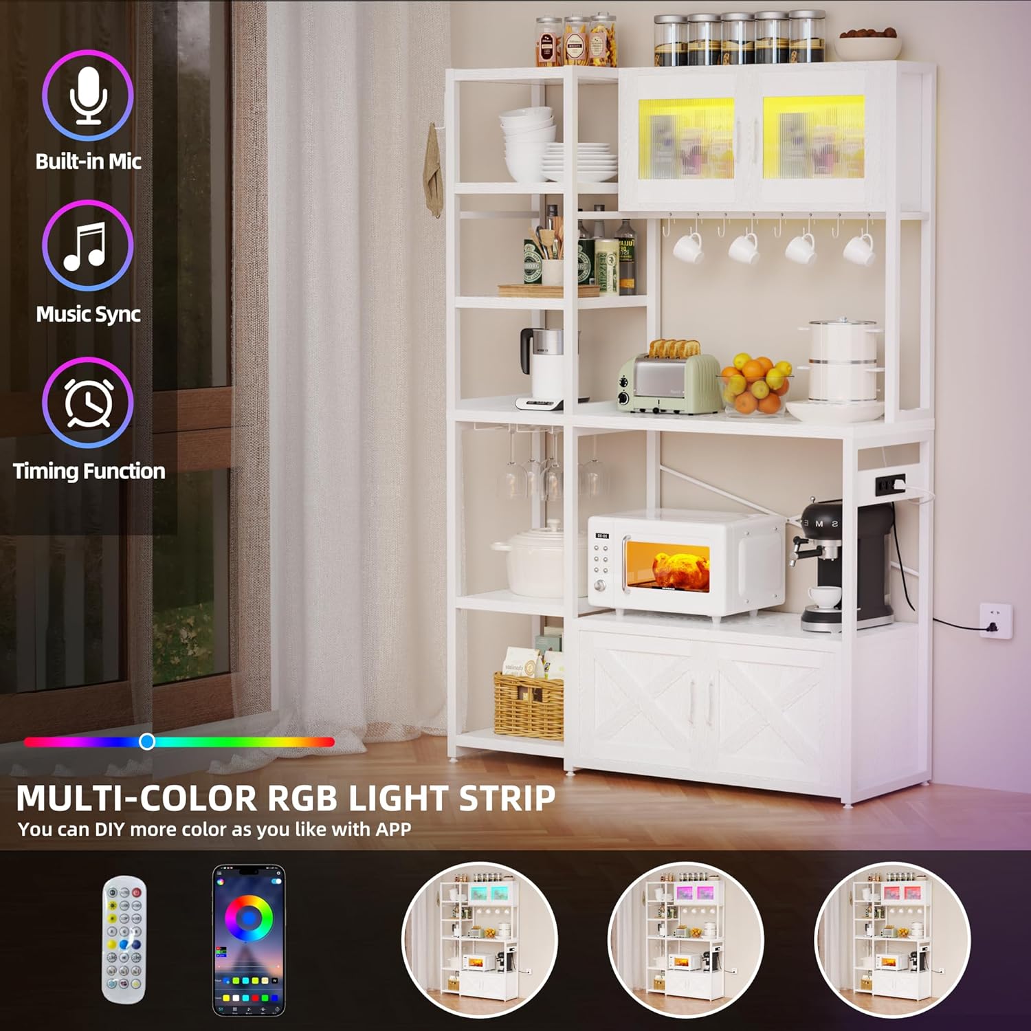 Bakers Rack with Storage Cabinet, 5-Tier Coffee Bar with Power Outlet and LED Lights, Industrial Microwave Oven Stand with Shelves, Kitchen Storage Shelf, White