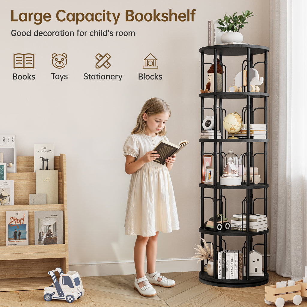5 Tier Rotating Bookshelf Tower, 360° Spinning Bookcase, Vertical Floor Standing Revolving Bookshelf Organizer for Small Spaces, Corner, Living Room, Bedroom, Black