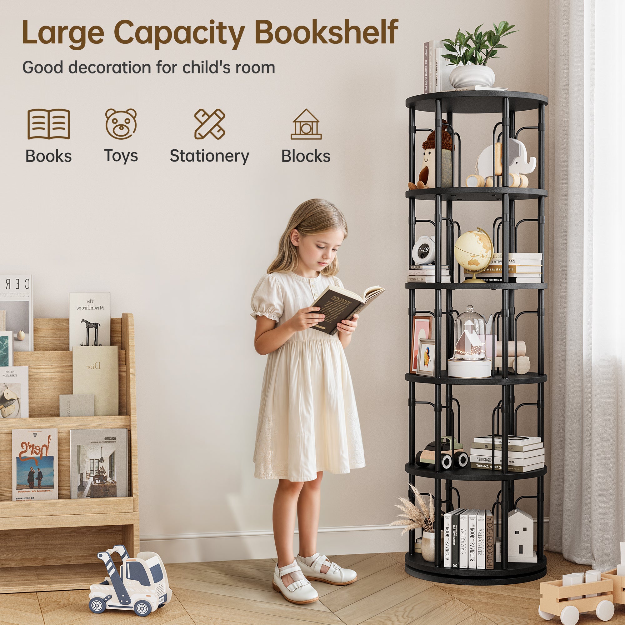 5 Tier Rotating Bookshelf Tower, 360° Spinning Bookcase, Vertical Floor Standing Revolving Bookshelf Organizer for Small Spaces, Corner, Living Room, Bedroom, Black
