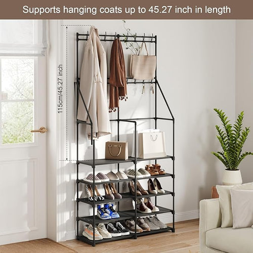 3-in-1 Double Row Coat Shoe Rack Space-Saving Entryway Furniture, Hall Tree with Shoe Storage, Multifunctional Solution, 16 Hooks, Black