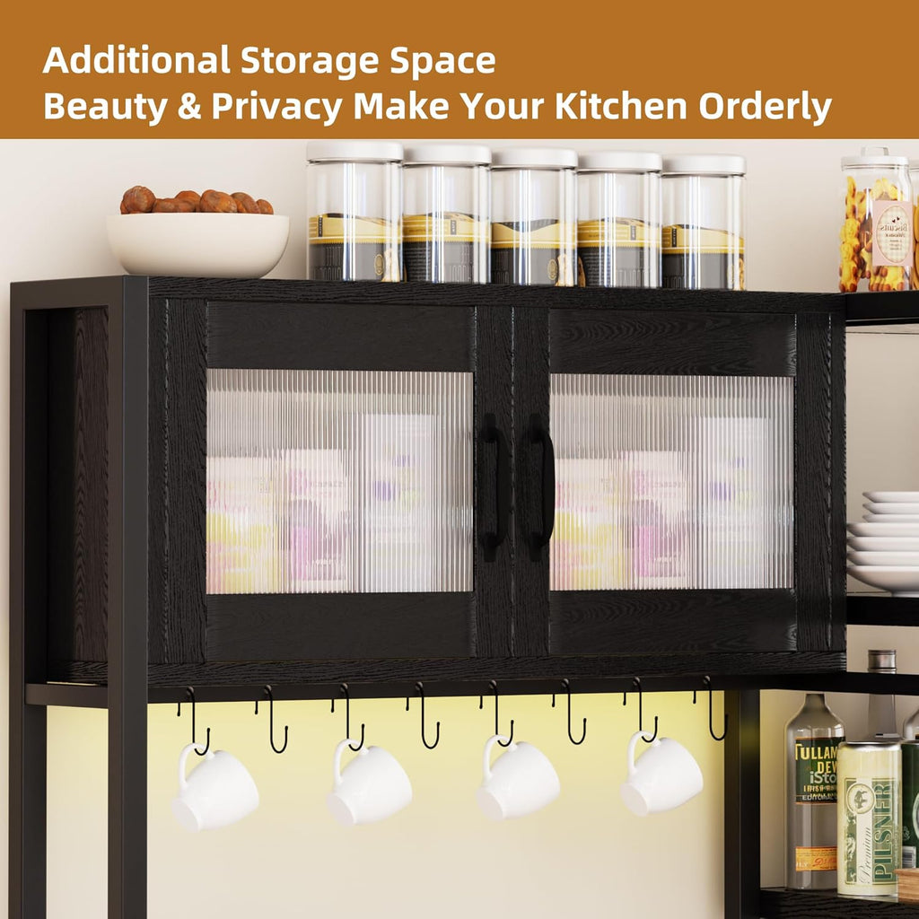 Bakers Rack with Storage Cabinet, 5-Tier Coffee Bar with Power Outlet and LED Lights, Industrial Microwave Oven Stand with Shelves, Kitchen Storage Shelf, Black