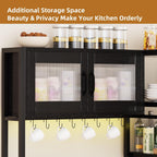 Bakers Rack with Storage Cabinet, 5-Tier Coffee Bar with Power Outlet and LED Lights, Industrial Microwave Oven Stand with Shelves, Kitchen Storage Shelf, Black