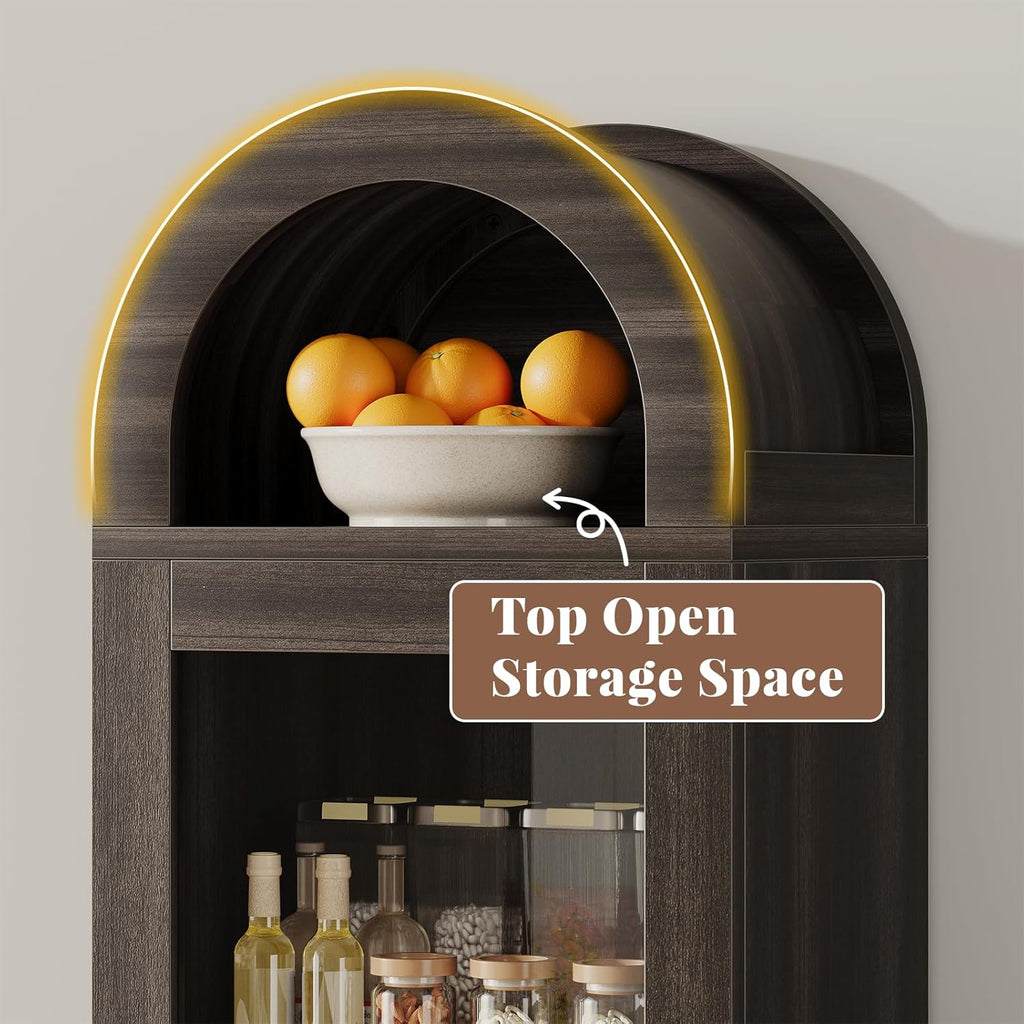71” Tall Arched Pantry Cabinet with Glass Door, Display Cabinet Organizer, Versatile Pantry with Top-Opening Storage Container for Living, Kitchen Dining Room, Black