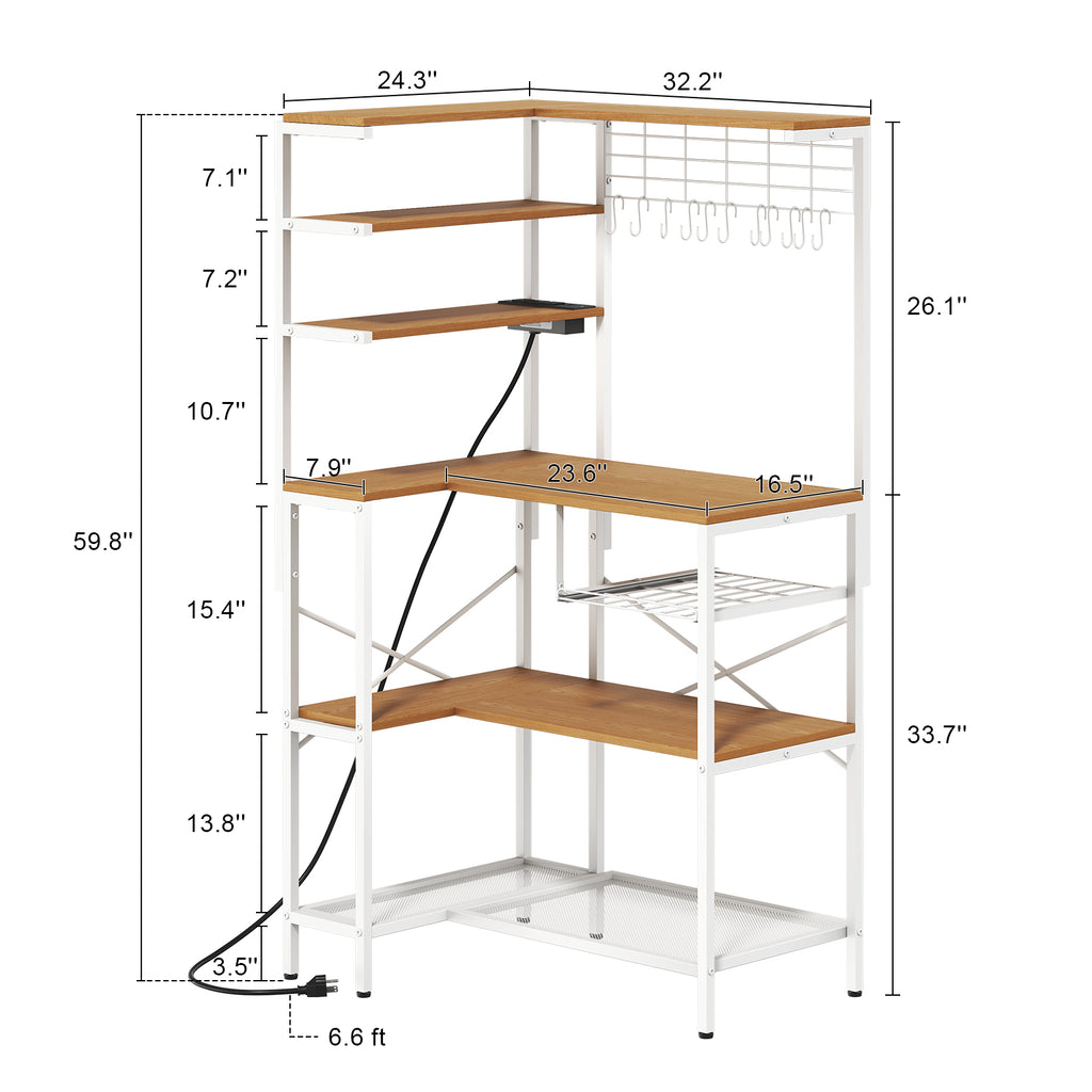 L-Shaped Bakers Rack with Power Sockets, 6-Tier Microwave Stand with Hooks, Coffee Bar with Open Storage, Mesh Grid, Kitchen Shelf with Wire Basket, White