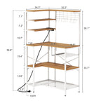 L-Shaped Bakers Rack with Power Sockets, 6-Tier Microwave Stand with Hooks, Coffee Bar with Open Storage, Mesh Grid, Kitchen Shelf with Wire Basket, White