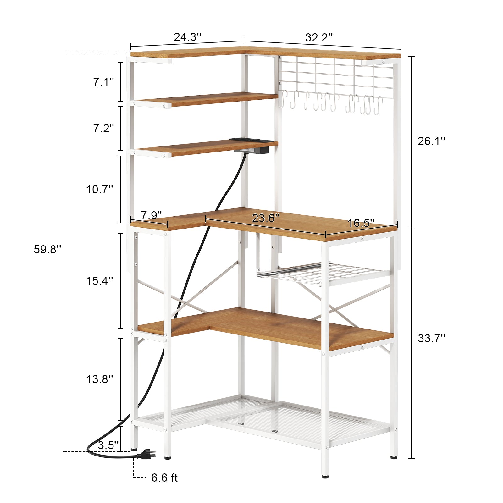 L-Shaped Bakers Rack with Power Sockets, 6-Tier Microwave Stand with Hooks, Coffee Bar with Open Storage, Mesh Grid, Kitchen Shelf with Wire Basket, White
