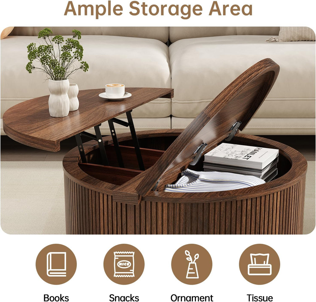 Round Coffee Table with Storage, 31.5" Lift Top Center Table with Gas Strut, Fluted Farmhouse Drum with 2 Hidden Compartments, Mid Century Modern Wood Circle Table for Living Room (Dark Brown)
