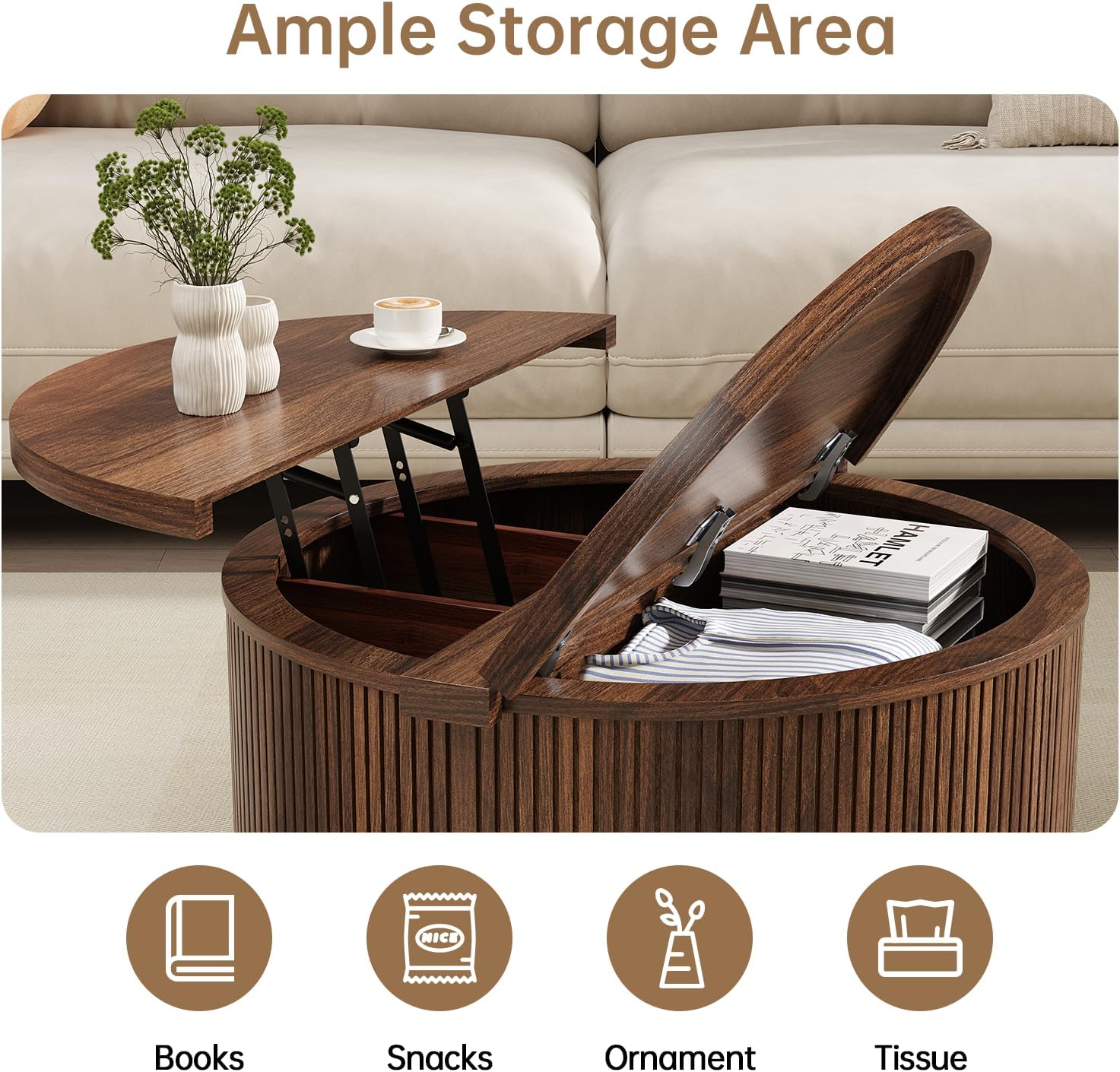 Round Coffee Table with Storage, 31.5" Lift Top Center Table with Gas Strut, Fluted Farmhouse Drum with 2 Hidden Compartments, Mid Century Modern Wood Circle Table for Living Room (Dark Brown)