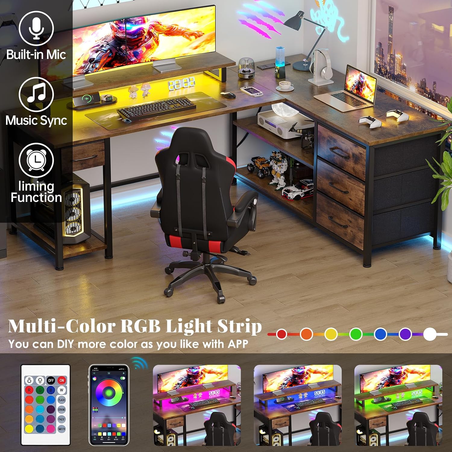 61" L Shaped Computer Desk with Power Outlets & USB Ports, Reversible Corner Gaming Desk with Drawers, Home Office Desk with Storage Shelves, LED Lights, Rustic Brown