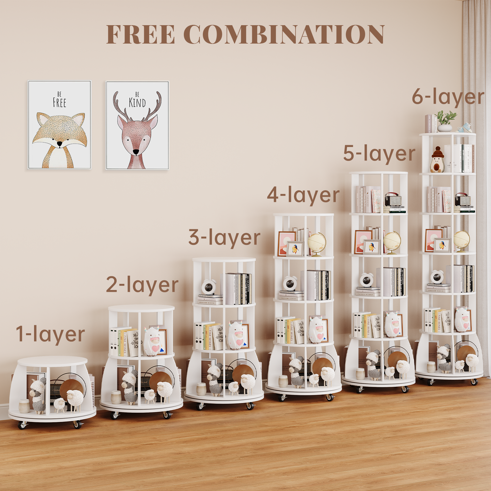 6 Tier Rotating Bookshelf with Locking Casters, 360° Spinning Vertical Bookcase, Revolving Floor Standing Organizer for Small Spaces, Corner, Living Room, Bedroom, White