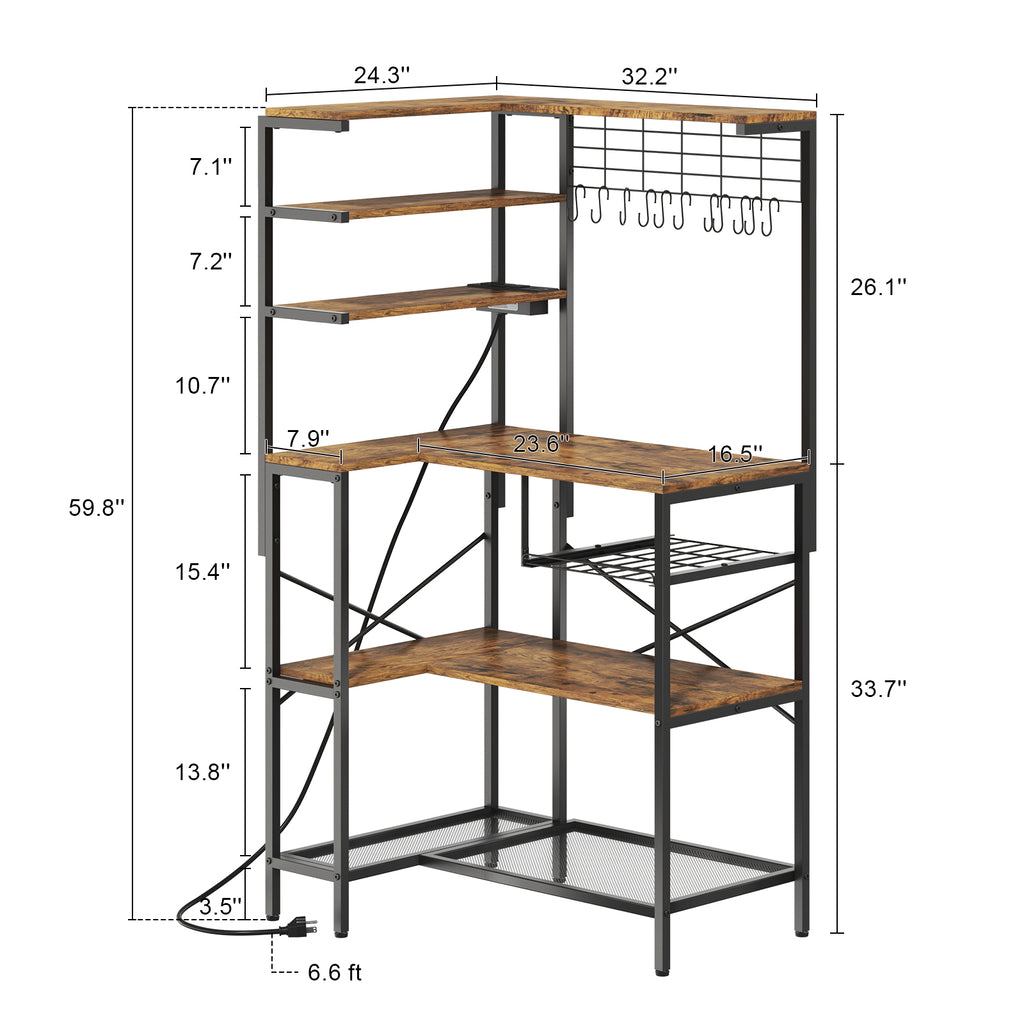 L-Shaped Bakers Rack with Power Outlet, 6-Tier Microwave Stand with Open Storage, Coffee Bar with Hooks, Mesh Grid, Kitchen Shelf with Wire Basket, Rustic Brown and Black