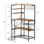 L-Shaped Bakers Rack with Power Outlet, 6-Tier Microwave Stand with Open Storage, Coffee Bar with Hooks, Mesh Grid, Kitchen Shelf with Wire Basket, Rustic Brown and Black