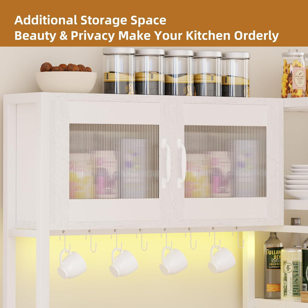 Bakers Rack with Storage Cabinet, 5-Tier Coffee Bar with Power Outlet and LED Lights, Industrial Microwave Oven Stand with Shelves, Kitchen Storage Shelf, White