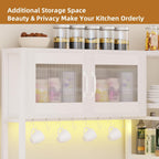 Bakers Rack with Storage Cabinet, 5-Tier Coffee Bar with Power Outlet and LED Lights, Industrial Microwave Oven Stand with Shelves, Kitchen Storage Shelf, White