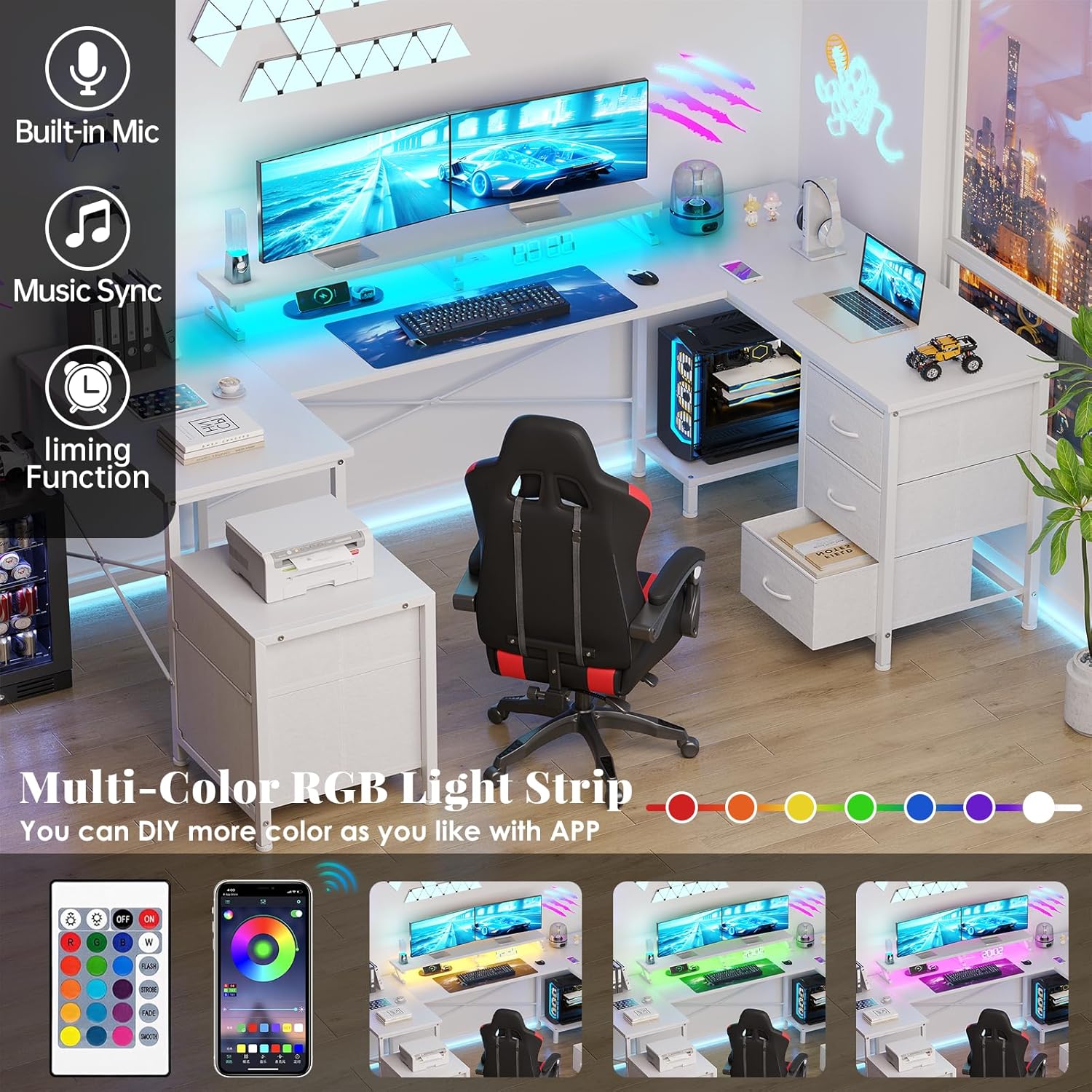 U Shaped Computer Gaming Desk, Reversible L Shaped Desk with Power Outlets & USB Ports, LED Strip & Monitor Stand, Large Corner Desk with Storage Shelves for Home Office, White