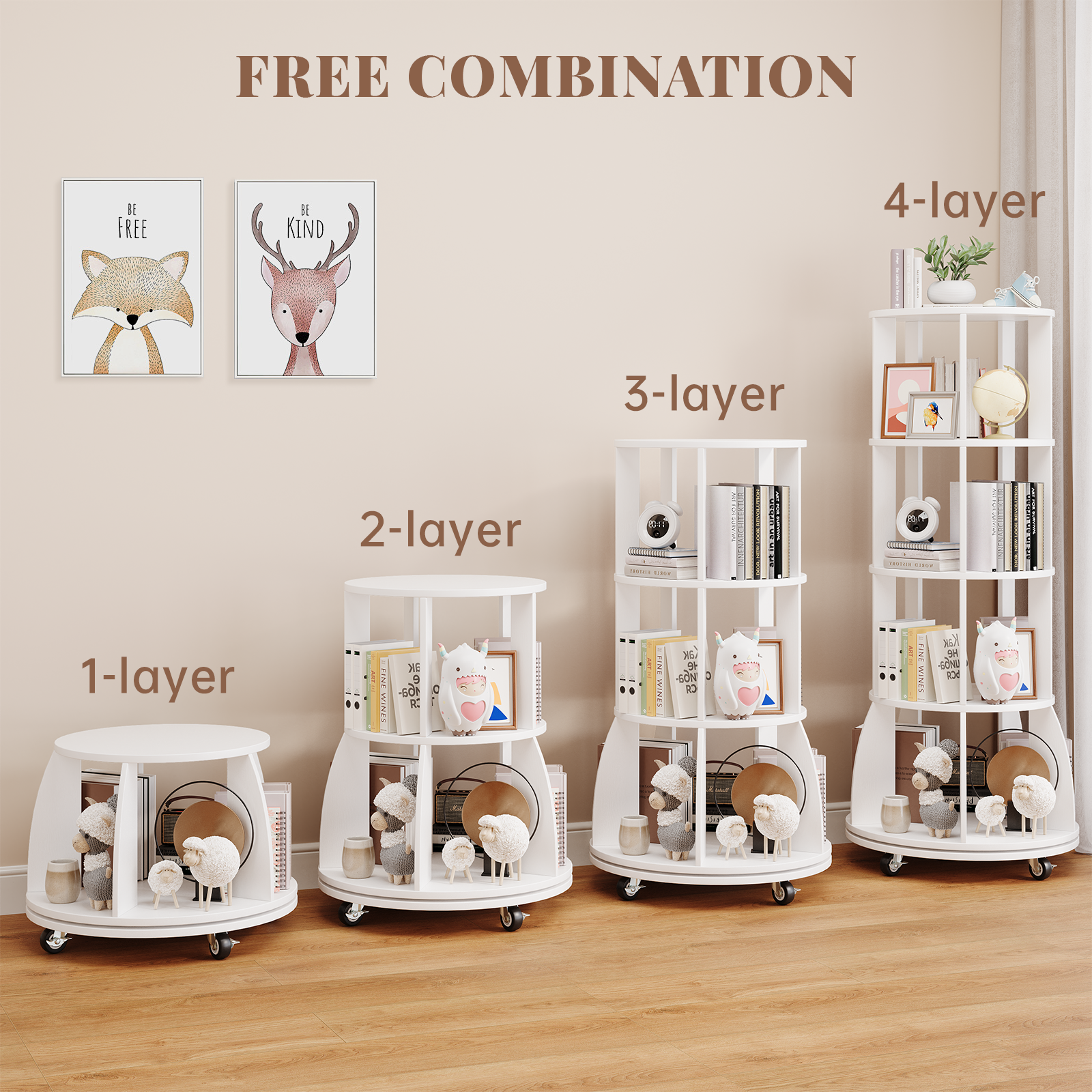 4 Tier Rotating Bookshelf with Brake Wheels, 360° Spinning Bookcase, Vertical Floor Standing Revolving Bookshelf Organizer for Small Spaces, Corner, Living Room, Bedroom, White